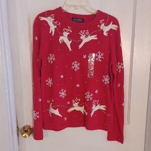 Festive Red Sweater with Reindeer Christmas Sweater Size Small
